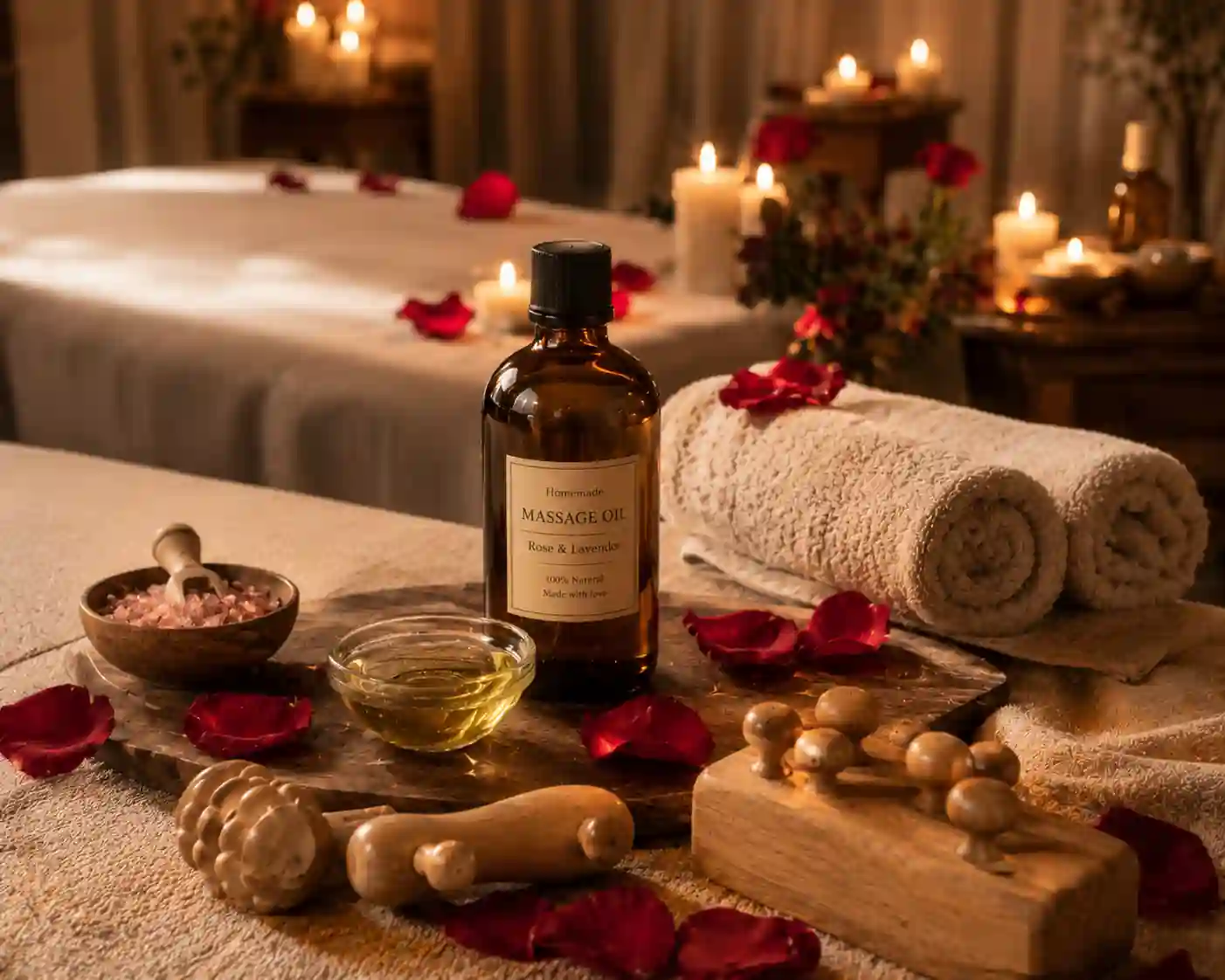 Elegant homemade massage oil bottle surrounded by rose petals, candles, massage tools, and soft linen in a luxurious spa atmosphere.