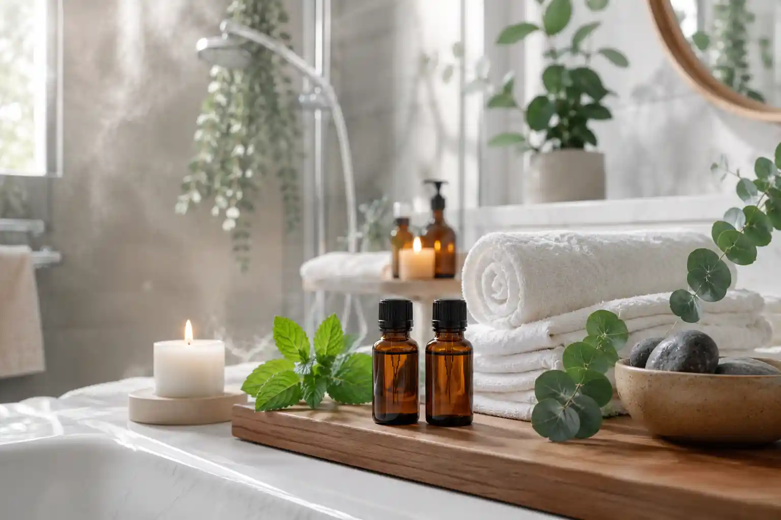 Relaxing spa-inspired bathroom with eucalyptus essential oil, rolled towels, and shower steam.