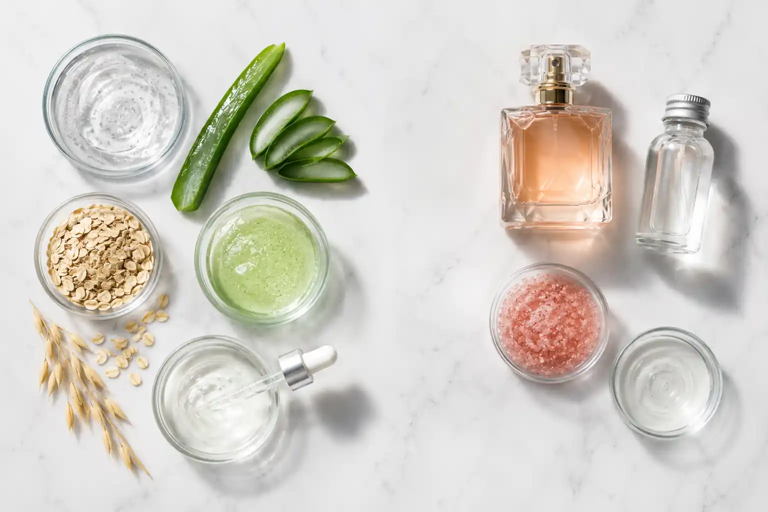 Gentle skincare ingredients displayed beside harsh ingredients that may irritate a healing tattoo.